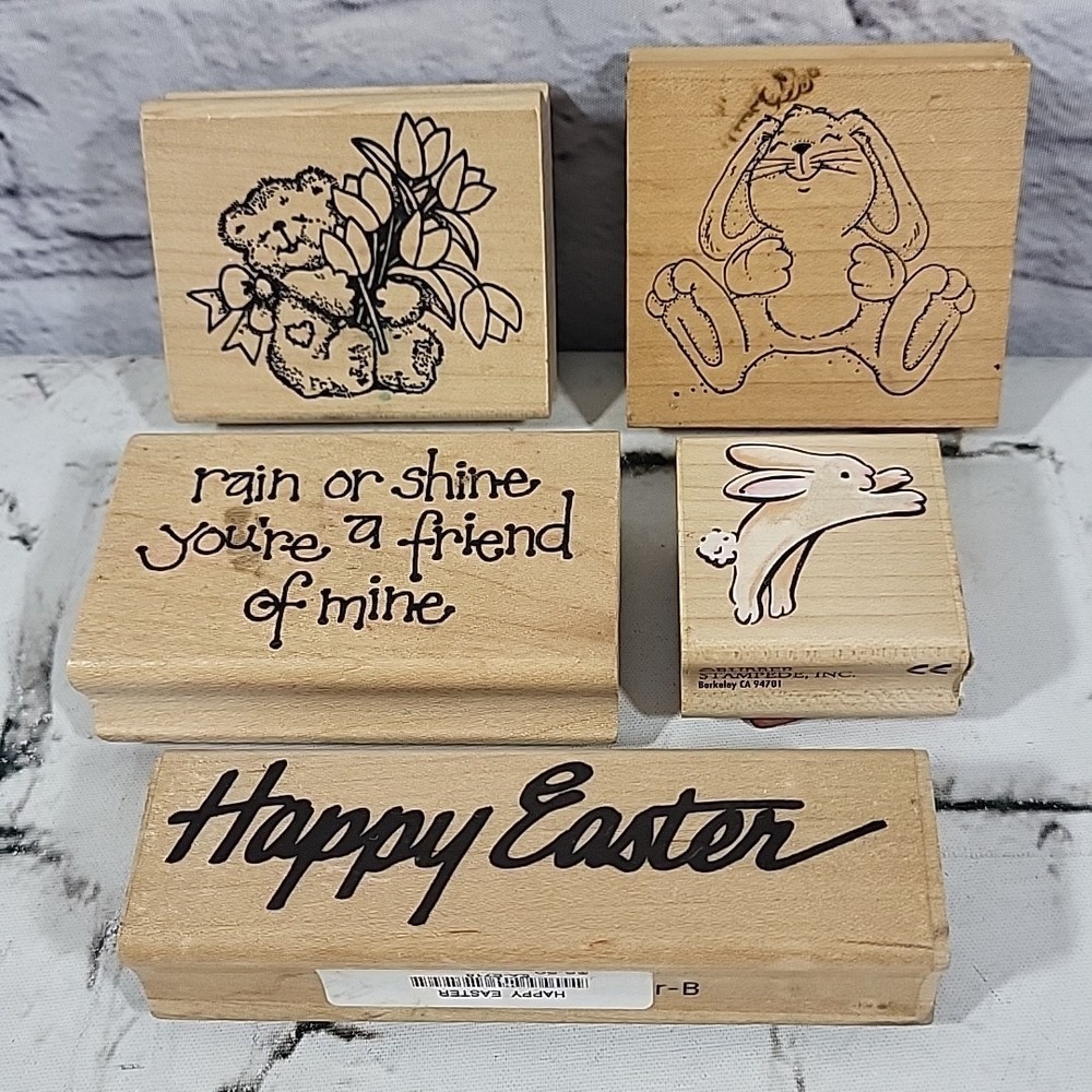 Vintage Rubber Stamps Easter Spring Lot Of 5 Bunnies Bear Rain Or Shine Crafts